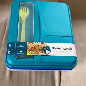 Divided lunch: container+ lid + cutlery